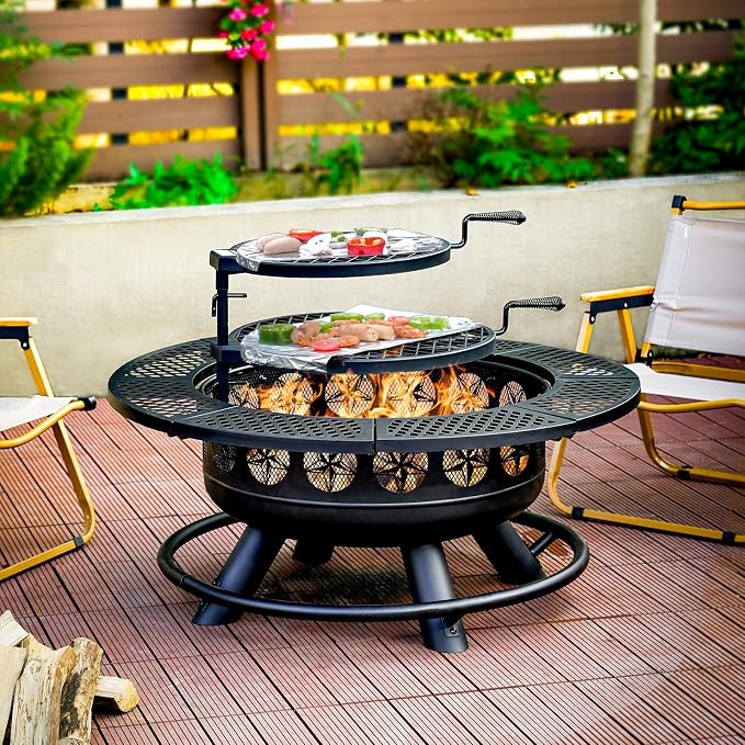 36 Inch Fire Pit with 2 Cooking Grills, Outdoor Wood Burning BBQ Firepit with - Image 5