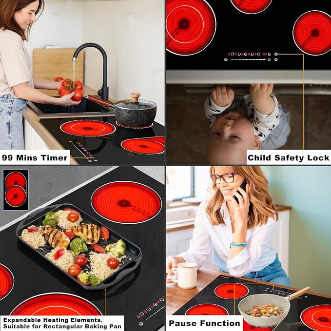 Noxton 30 Inch Electric Cooktop, 8400W 5 Burners Built-in Radiant Electric - Image 3