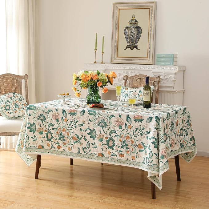 patdrea Designer Green Long Rectangle Table Cloth, Vintage Italian Floral - Image 8