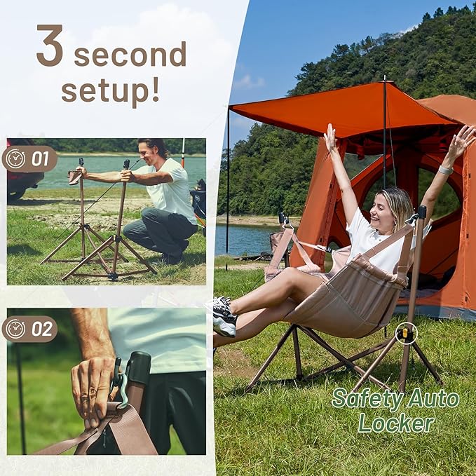 Folding Hammock Chair in Tan with Steel Frame and Carry Bag
