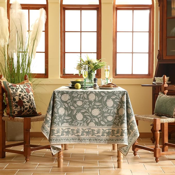 ISAENNE Designer Grayish Green Linen Table Cloth Rectangular, Floral Elegant - Image 3