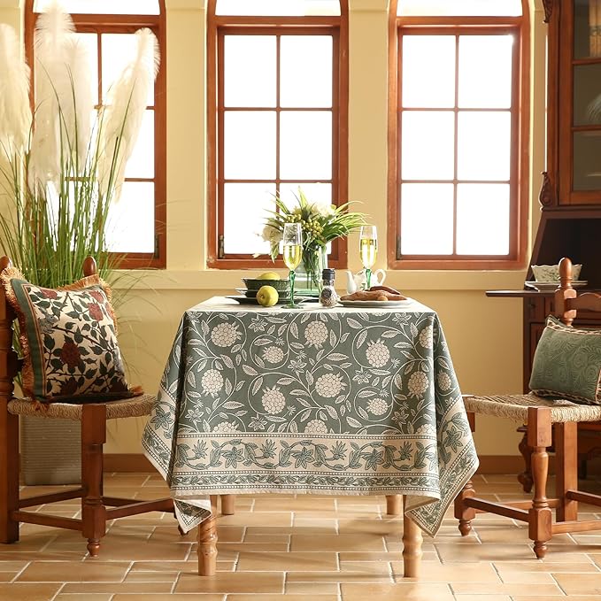 ISAENNE Designer Grayish Green Linen Square Tablecloth, Floral Elegant Stain - Image 3