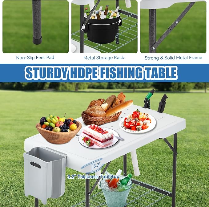 Folding Fish Cleaning Table Portable Camping Double Sinks Table w/2 Dual Water - Image 4