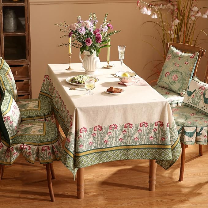 patdrea Designer Green Long Rectangle Table Cloth, Vintage Linen Leaves Pattern - Image 9