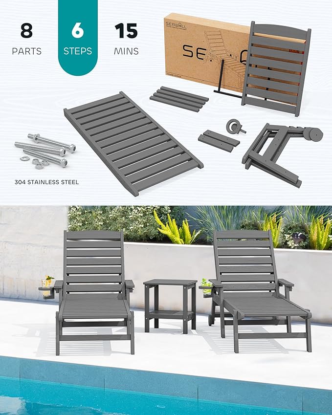 SERWALL Patio Chaise Lounge Chair Set of 2, Poly Lounge Chair - Image 5