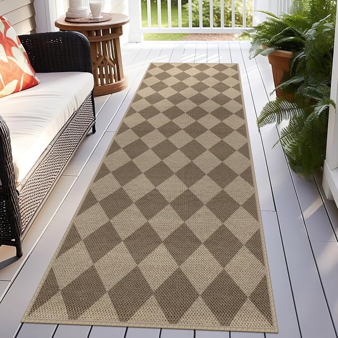 Easy Jute Checkered Runner Rug, 2.6x8 Brown Modern Washable Rugs Runner - Image 5