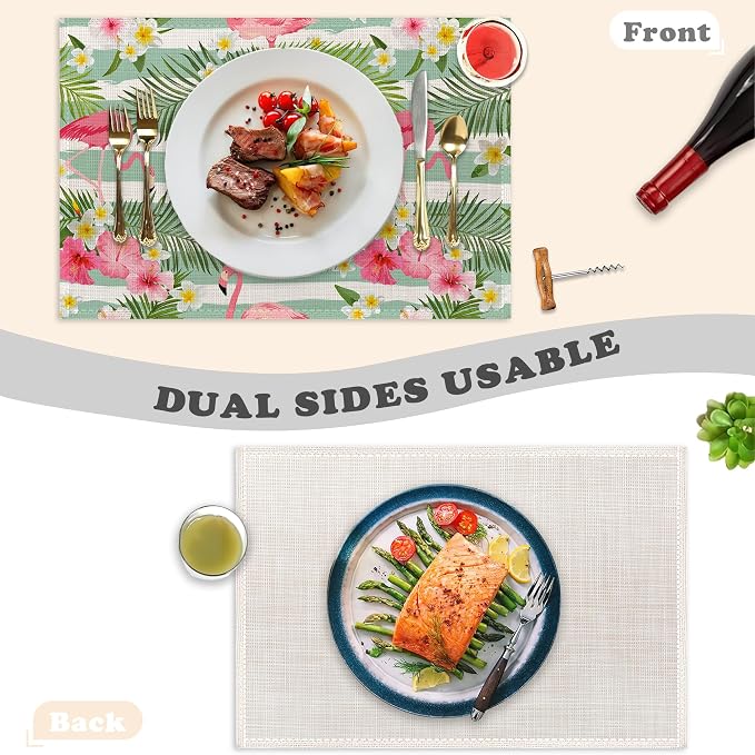 Flamingo Flowers Linen Placemats Set of 6, 12x18 Inch Tropical Leaves Washable - Image 3