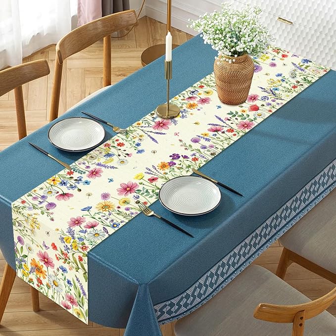 Daisy Tulip Lavender Floral Leaves Summer Table Runner, Spring Home Kitchen - Image 3