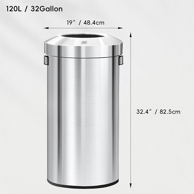EKO 32-Gallon Round Stainless Steel Open Top Trash Can, Large Commercial Waste - Image 2