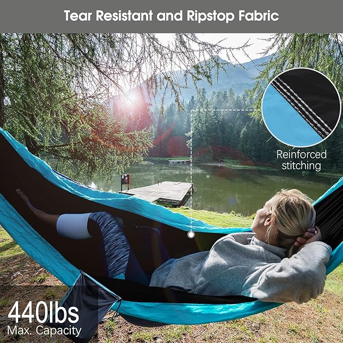 Camping Hammock with Attached Mosquito Netting and Rain Fly, Blue