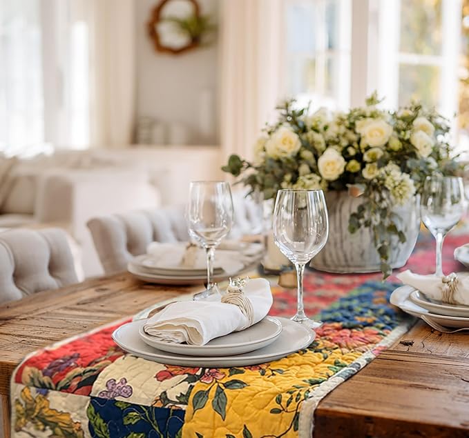 Cotton Quilted Floral Patchwork Table Runner 72 Inches Long – Handmade - Image 3