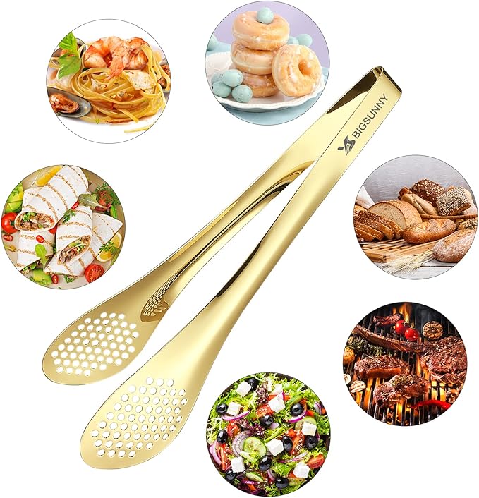 Serving Tongs, 11 Inch Gold Stainless Steel with Ergonomic Grip