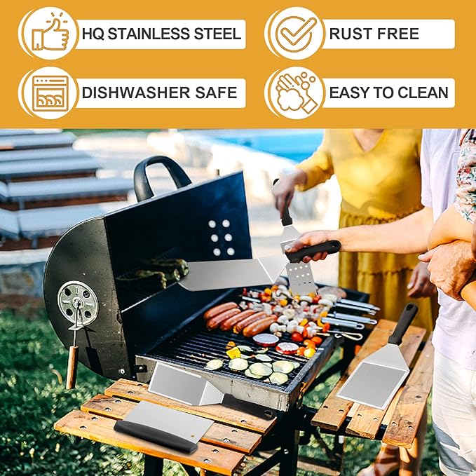 Barbecue Tool Set, 5 Piece Stainless Steel Griddle Tools with Black Handles