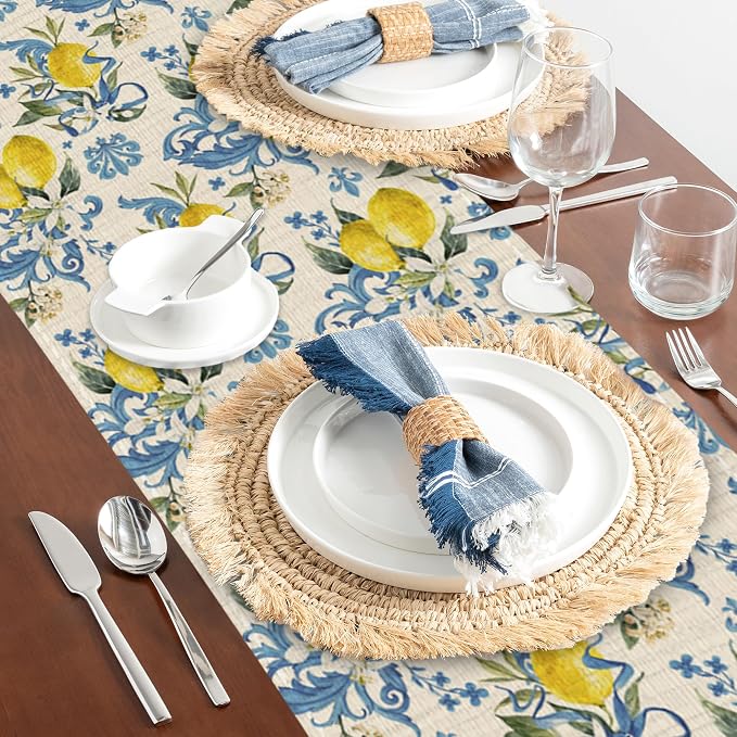 Lemon Flower Table Runner Dresser Scarves Seasonal Linen Tablerunner - Image 5