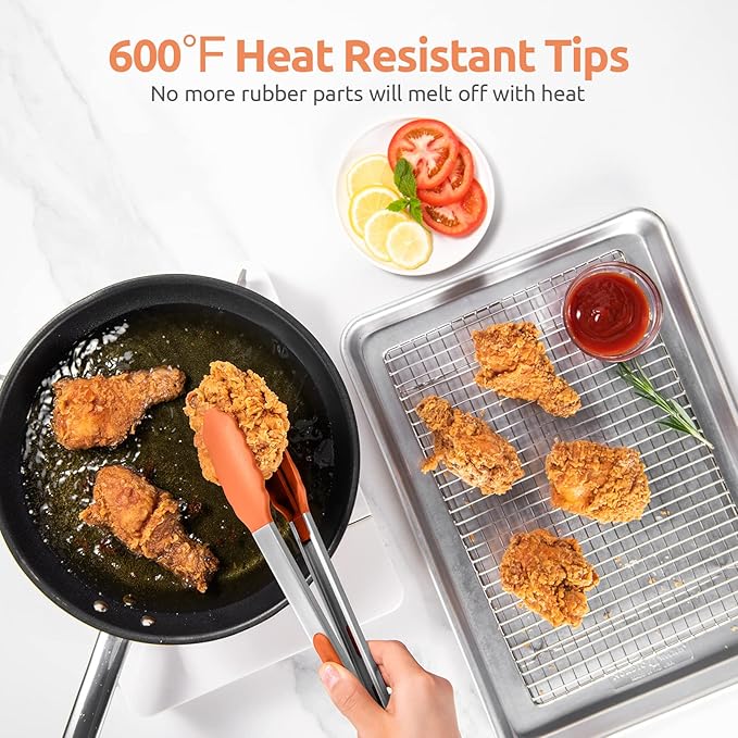 Tongs with Silicone Tips, 18/8 Stainless Steel Handles and Lock, Orange