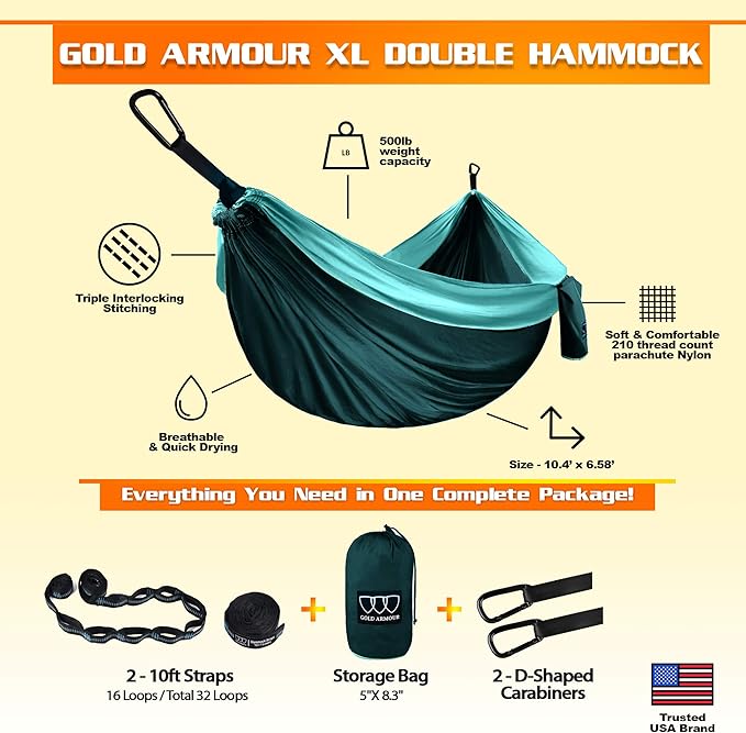 Double Camping Hammock, Nylon, 500 lb Capacity, Turquoise and Seafoam