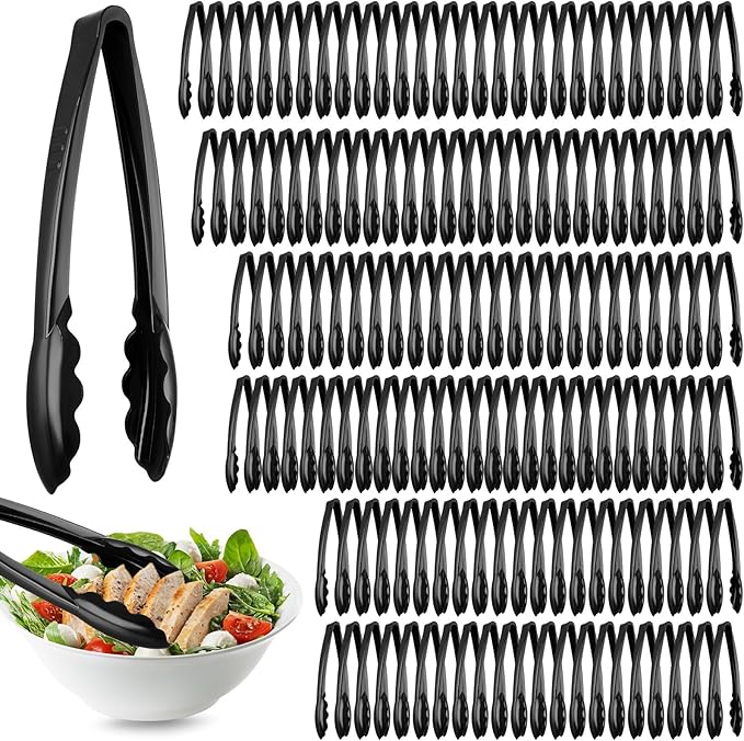 Serving Tongs - 150 Pack Black Plastic, 9 Inch Disposable