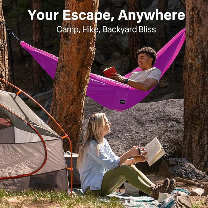 Double Camping Hammock, 500 lb Nylon with Tree Straps, Violet Pink