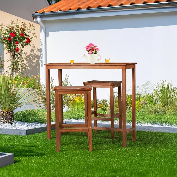 VINGLI 3-Piece Fir Wood Outdoor Bar Table and Chairs Set, Outdoor Bar Height - Image 2