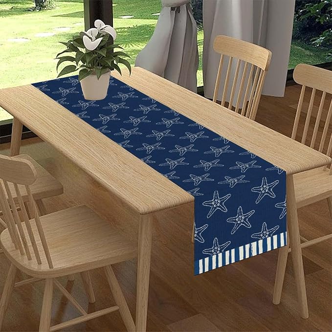 Starfish Table Runner, Summer Coastal Navy Blue Nautical Tropical Rustic - Image 2