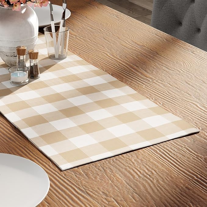 Encasa XO Cotton Dining Table Runner | Buffalo Beige Checks | Size 13x36 in - Image 2