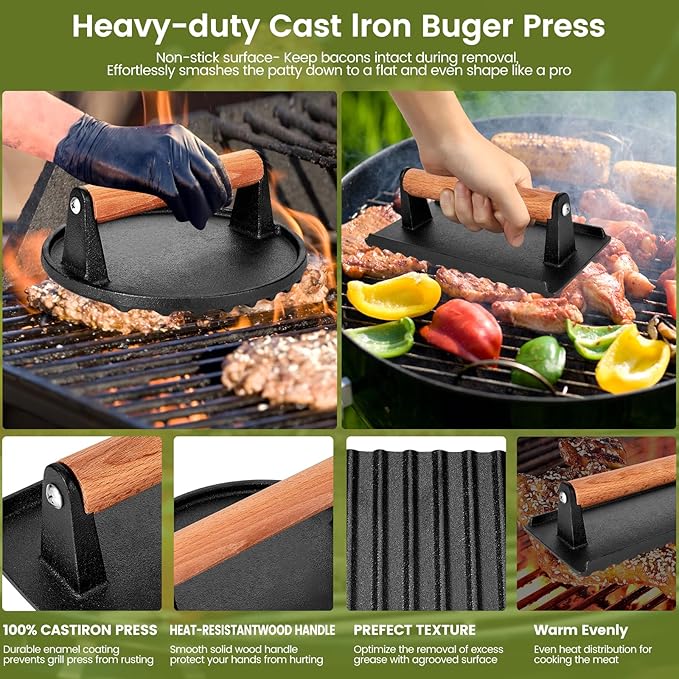 Smashed Burger Press, 7” Round Heavy-Duty Cast Iron Smash Meat Steak - Image 5
