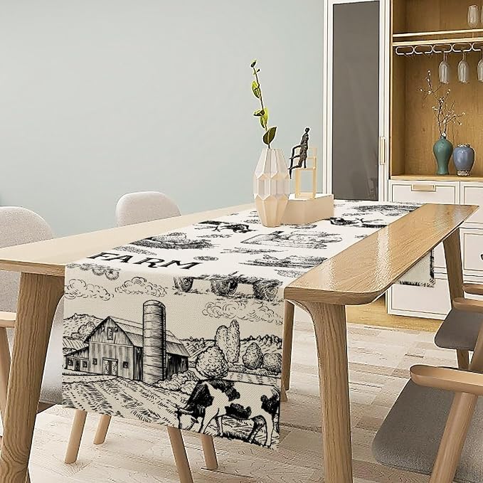 Milk Farm Table Runner, Rustic Farmhouse Animals Fresh Eggs Bread Vegetables - Image 2