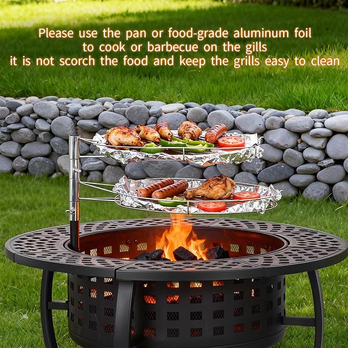 FDW 36 Inch Fire Pit with 2 Adjustable Grills, Wood Burning Outdoor Fire Pit - Image 4