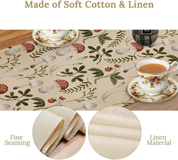 Mushroom Table Runner, Vintage Rustic Boho Botanical Plant Print Tablerunner - Image 7