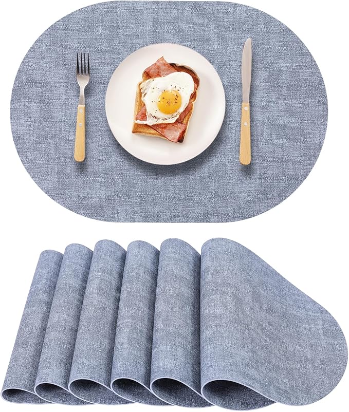 Leather Placemats Set of 6 Non Slip, Oval Blue Faux Leather Placemat Waterproof by Unknown