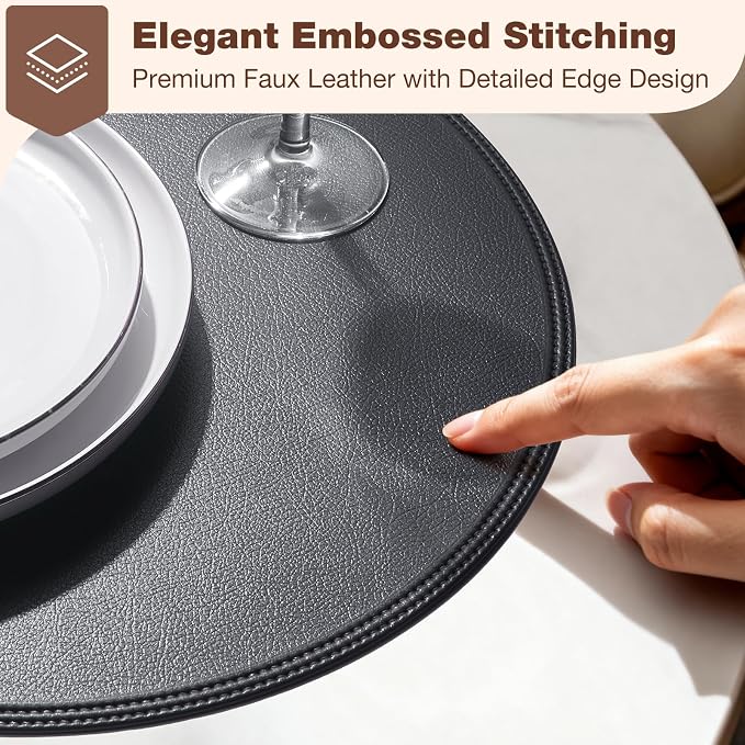 Round Vinyl Black Placemats Set of 6, Faux Leather Waterproof Wipeable Heat - Image 2