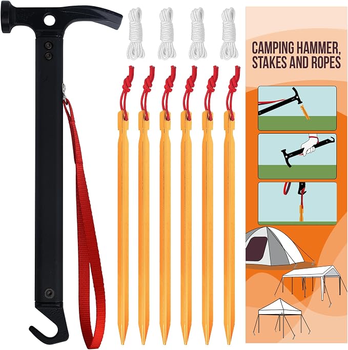 Eurmax USA Hiking Camping Tent Stakes and Hammer Set Lightweight Multi-Function by Eurmax