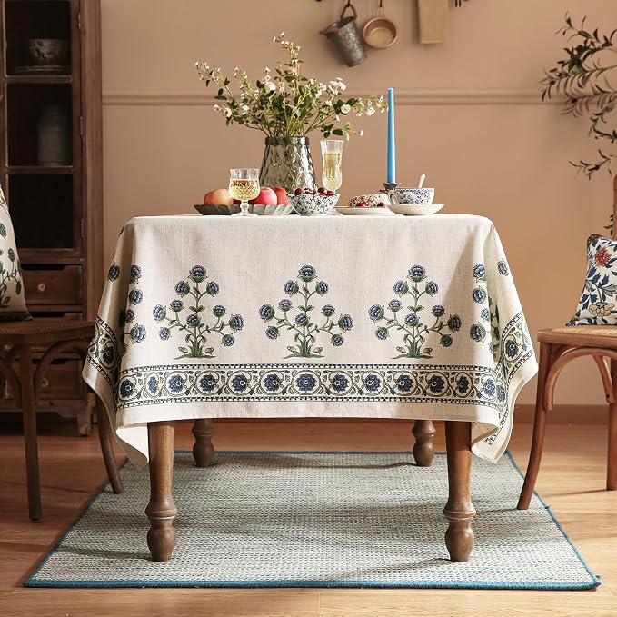 patdrea Designer Vintage Small Blue Rectangle Table Cloth, Linen Leaves Pattern - Image 3
