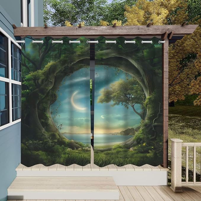 Forest Theme Waterproof Indoor/Outdoor Curtains, Trees Moon Lake Pattern - Image 3