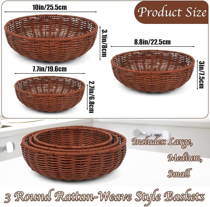 Imitation Wicker Bread Basket, 3 Pack Woven Rattan Basket Round Woven Baskets - Image 2