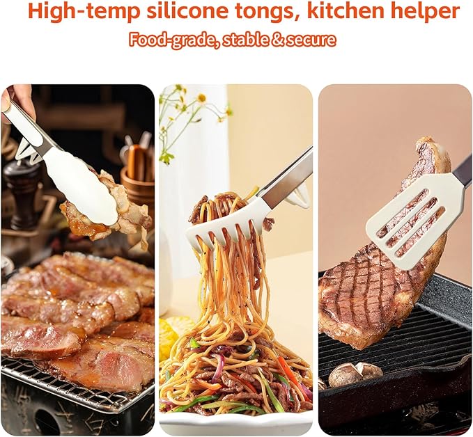 Silicone Tip Tongs Set of 3, 12-Inch Stainless Steel, White
