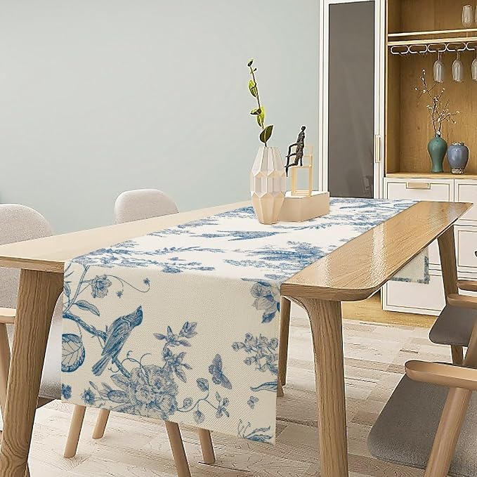 Spring Flower Table Runner, Farmhouse Vintage Blue White Floral Bird Print - Image 2