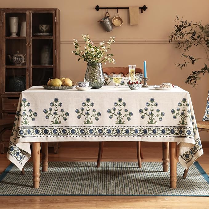 patdrea Designer Linen Vintage Blue Rectangle Tablecloth, Leaves Pattern - Image 8