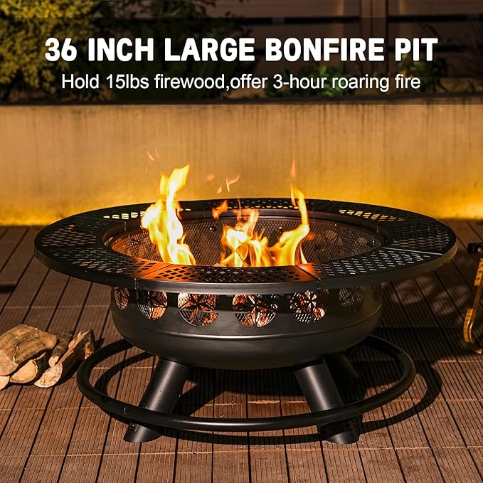 36 Inch Fire Pit with 2 Cooking Grills, Outdoor Wood Burning BBQ Firepit with - Image 4