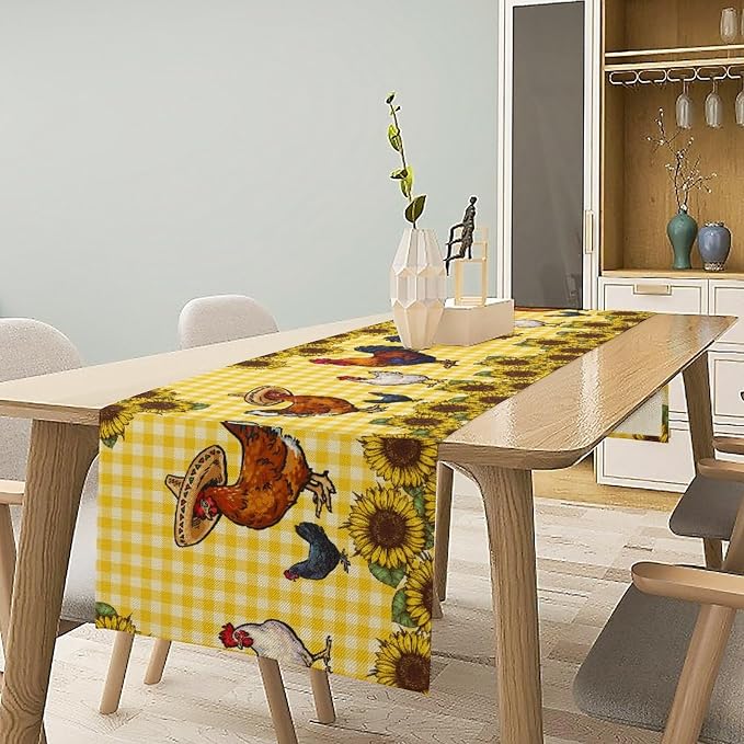 Farm Rooster Table Runner, Retro Western Farmhouse Chicken Sunflower Retro - Image 2