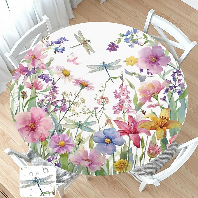 Spring Summer Floral Round Fitted Tablecloth by Unknown