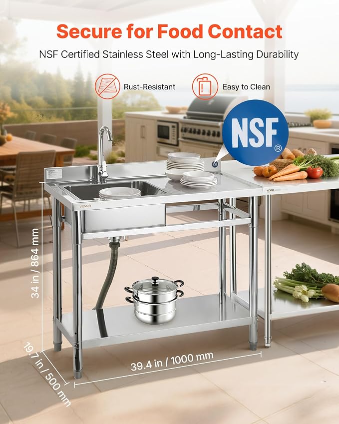 VEVOR Stainless Steel Utility Sink, Free Standing Single Bowl Commercial - Image 2
