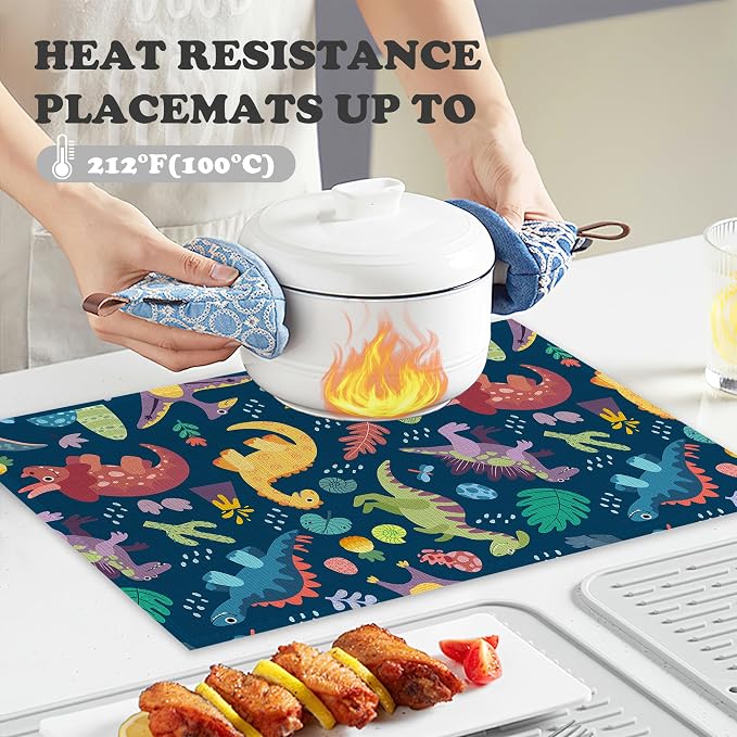 Dinosaur Placemats Set of 6, Cute Tropical Leaves Heat Resistant Table Mats - Image 4