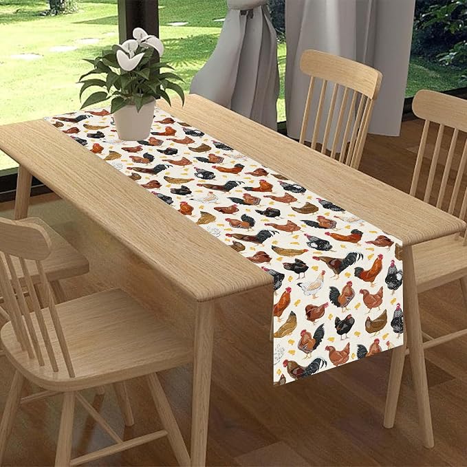 Farmhouse Rooster Table Runner, Rustic Farm Animals Cow Pig Chicken Coffee - Image 2