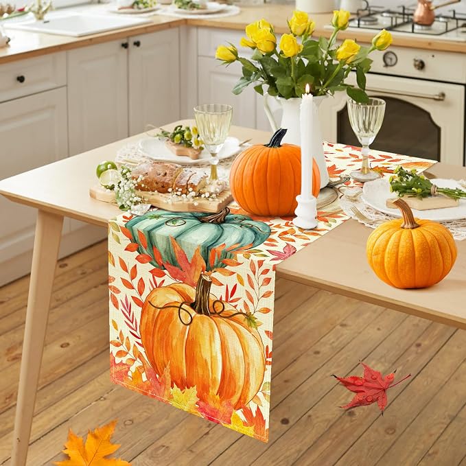 Pumpkin Fall Table Runner, Maple Leaf Autumn Thanksgiving Kitchen Table - Image 6