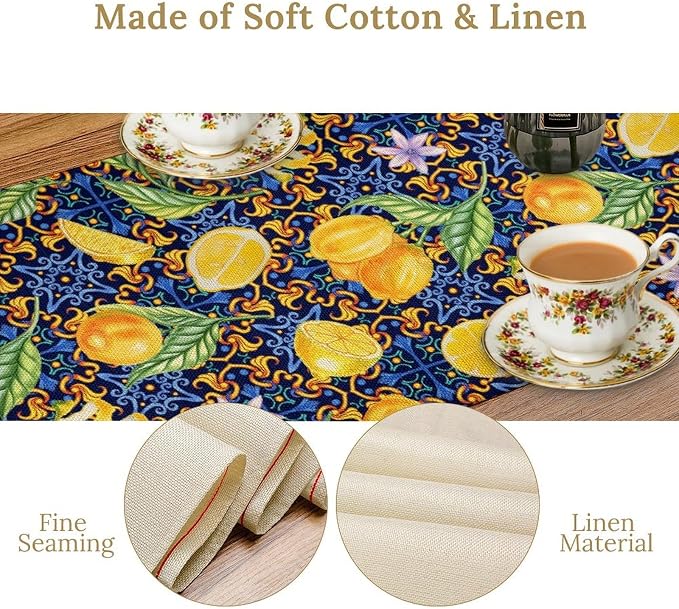 Yellow Lemon Table Runner Vintage Retro Summer Fruit Blue White Floral Printed - Image 6