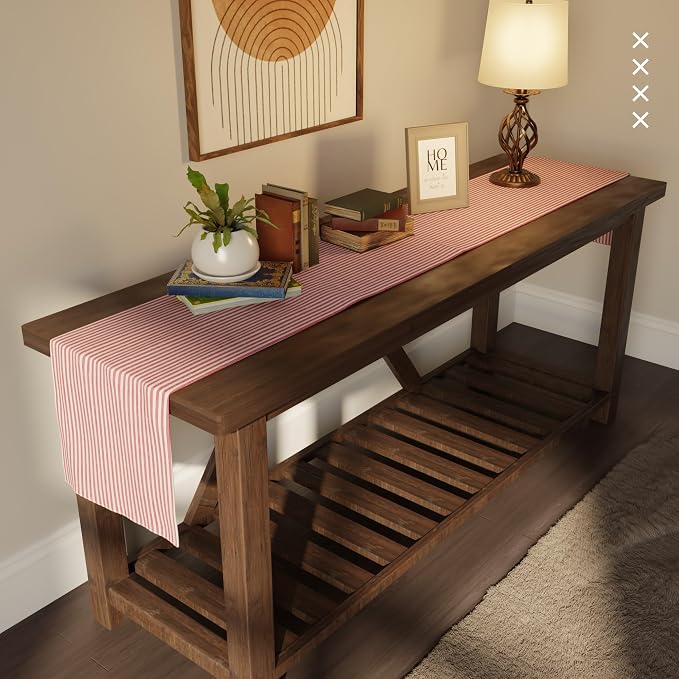 Encasa XO Cotton Dining Table Runner | Ticking Red | Size 13x94 in - Image 2