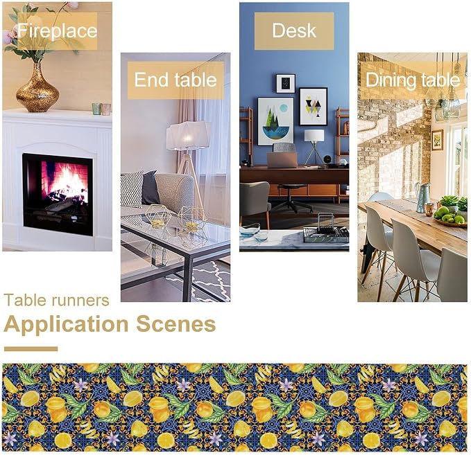 Yellow Lemon Table Runner Vintage Retro Summer Fruit Blue White Floral Printed - Image 4
