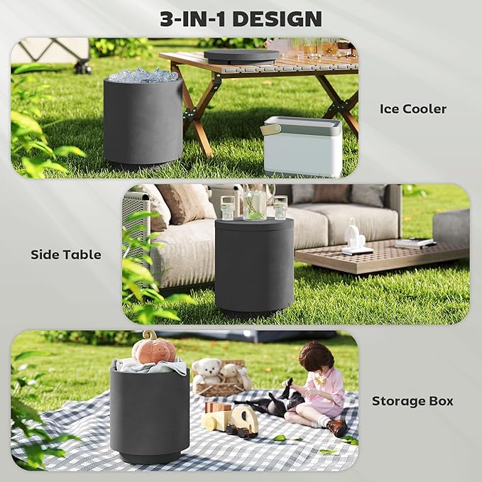 Side Table Cooler, 2.6 Gal Stainless Ice Bucket, Gray Concrete