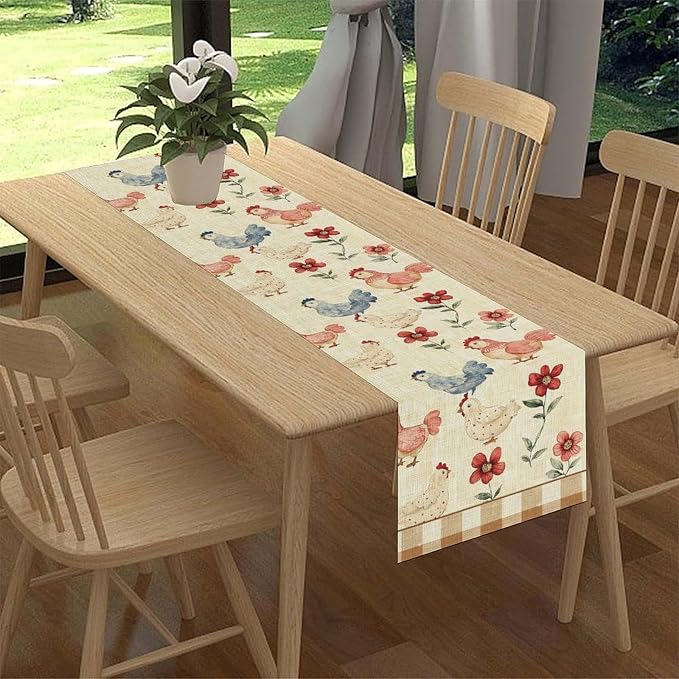 Farmhouse Rooster Table Runner, Rustic Farm Chicken Brown Plaid Flower Plant - Image 2